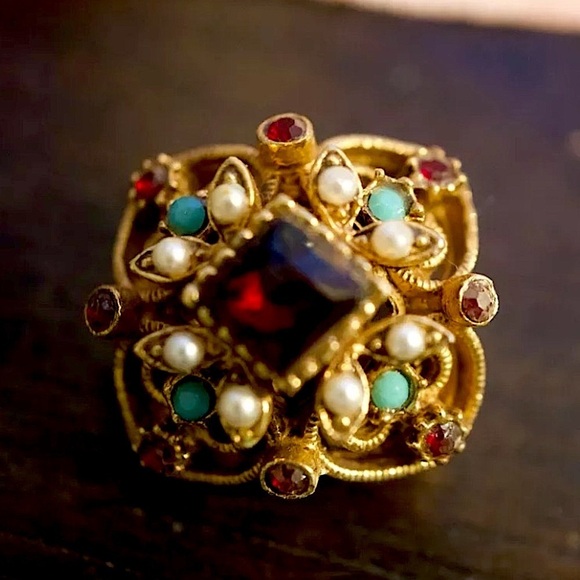 Vintage Signed Florenza Mixed Faux Seed Pearl & Rhinestone Small Pin / B…
